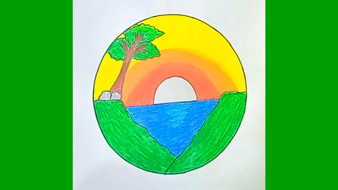 easy scenery drawing // nature drawing in circle // how to draw natural ...