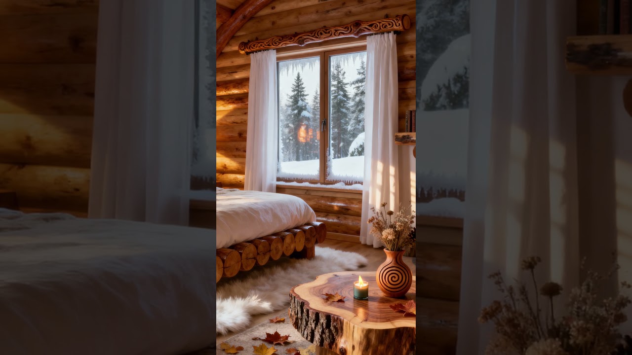 Cozy Scandinavian Log Bedroom ❄️ | Relaxing Fireplace Ambience & Snowy Winter Night