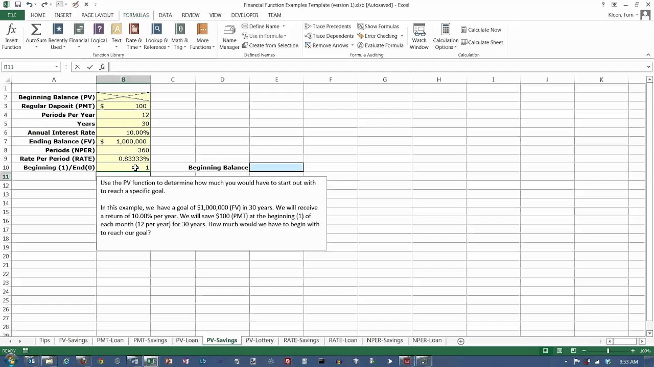 excel 2013 the pv present value function reaching a savings goal