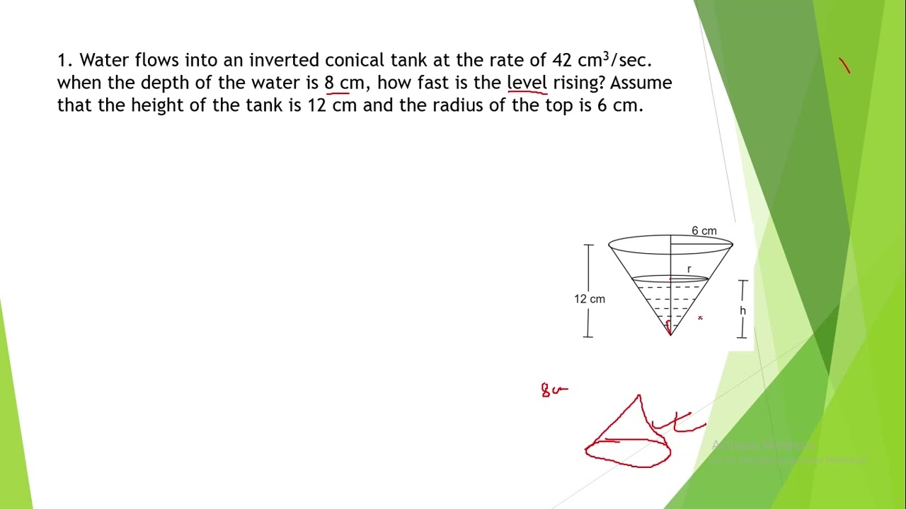 Water flows into an inverted conical tank at the rate of 42 cm3/sec. how fast is the level rising?