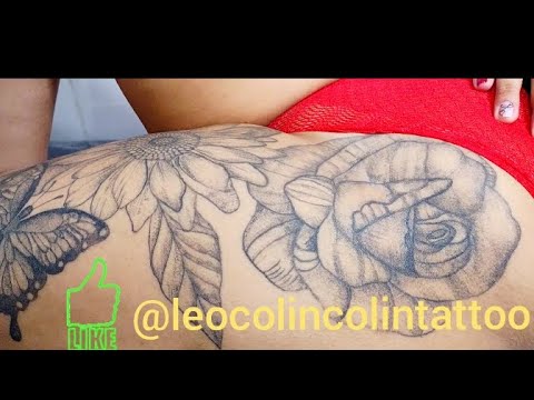 Tatuagem de Rosa com Borboleta Girassol tattoo arte delicada Tattoo rastelada