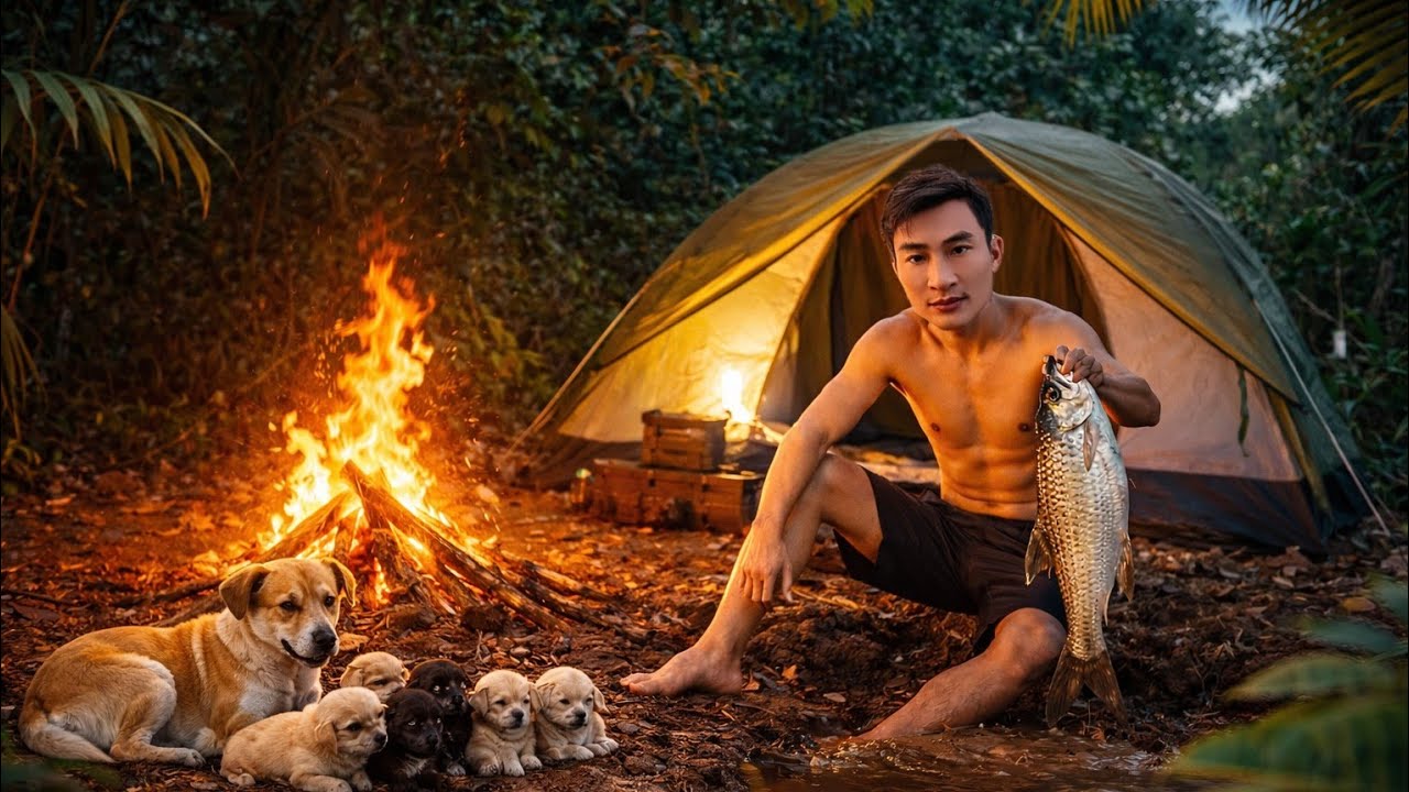 Solo survival camping in the jungle | Catch & Cook with dogs - YouTube