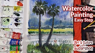 Palm Tree Village scenery II watercolor for beginner II Art & Culture with Sudarshon