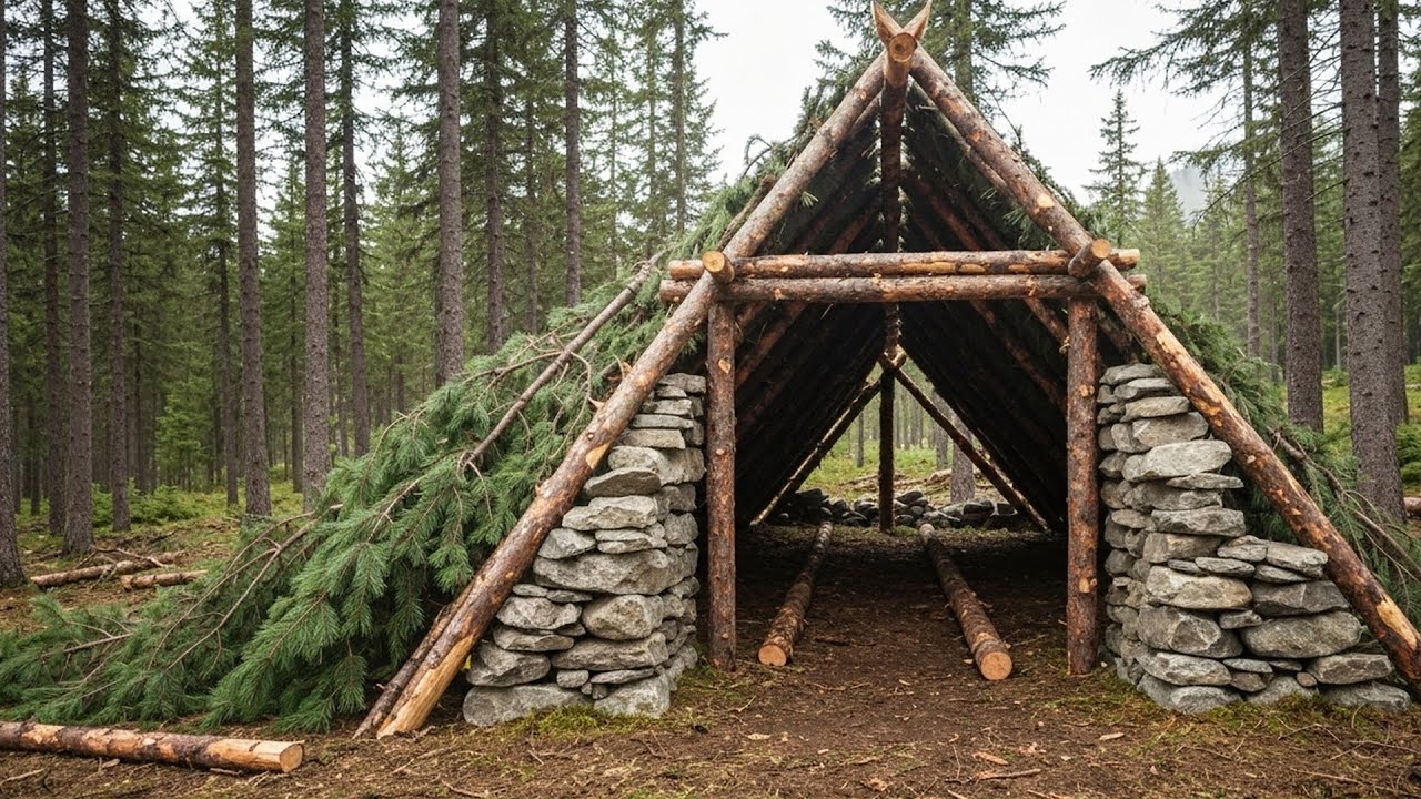 Building a Primitive Shelter Bushcraft Survival in the Mountains Part 5 ...