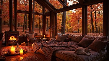 Cozy Autumn Cabin Ambience in the Woods 🍂 Jazz Music & Fireplace Sounds for Peaceful Sleep