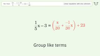 Linear equation with one unknown: Solve (2x)/5-(x+18)/6=23+x/30 step-by-step solution
