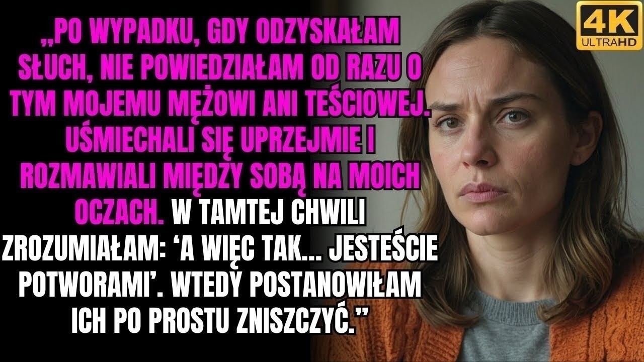 Po wypadku odzyskałam słuch, ale nie powiedziałam o tym ani mężowi, ani teściowej. Kiedyś usłyszałam ich rozmowę w kuchni: „Ona niedługo odejdzie. Kobiety kruche zawsze się wycofują”. Wiedziałam o...