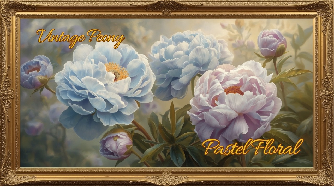 Vintage Peony Oil Painting in Gold Frame | Pastel Floral Art for TV Display
