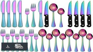 Rainbow 24 Pieces Stainless Steel Silverware Sets With Steak Knives Service