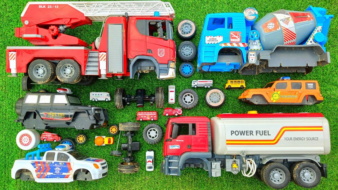 Memperbaiki Mainan Rusak, Truk Molen Besar, Truk Tanki Besar, Mobil Basarnas, Mobil Damkar. 