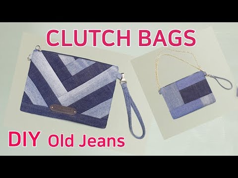 DIY Old Jeans Upcycling  clutch Bags/Two style bags/청바지를 재활용한 예쁜 크러치백 만들기/두개의 디지인