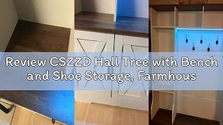 Review CSZZD Hall Tree with Bench and Shoe Storage, Farmhouse Entryway Bench with Coat Racks and Led