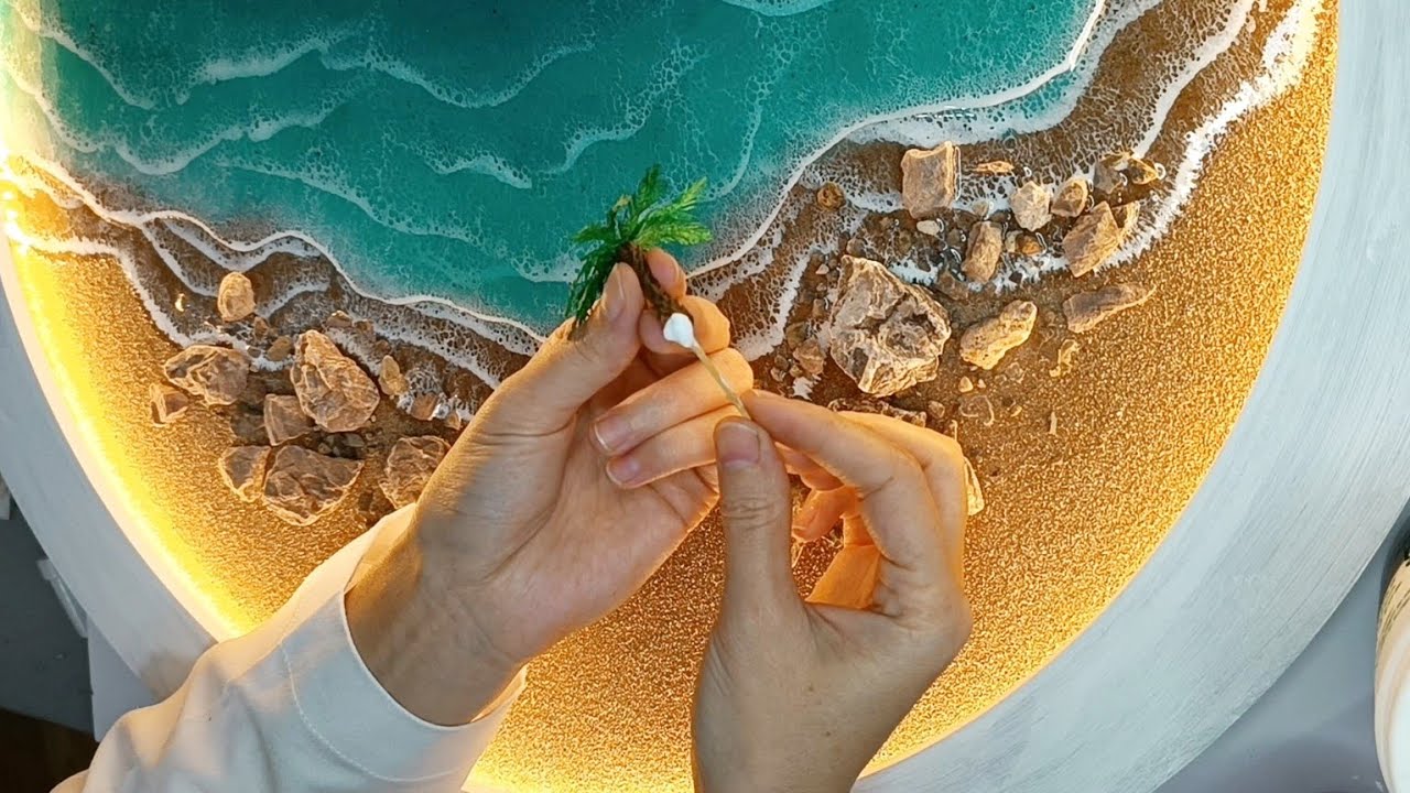 "Creating a 3D Resin Ocean Wall Clock with LED Lights | Beach Art with Moss, Stones, and Sand"