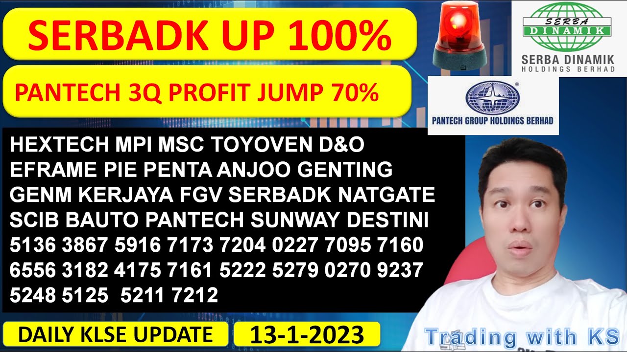 Daily KLSE BURSA Update - 13-1-2023 💥SERBADK UP 100%💥PANTECH 3Q PROFIT JUMP 70%💥 HEXTECH MPI MSC