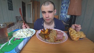 МУКБАНГ АСМР ПЛОВ С МЯСОМ / КАРТОФЕЛЬ ЗАПЕЧЕННЫЙ / САЛАТ - ОЛИВЬЕ / ВЫПЕЧКА / EATING ASMR Mukbang