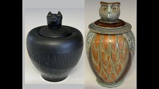 Eight Lidded jars with animal knobs.