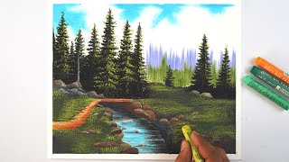 How to draw realistic landscape only using oil pastel easily | step by step tutorial