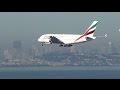 Emirates A380 landing in San Francisco over the bay (A6-EOC).