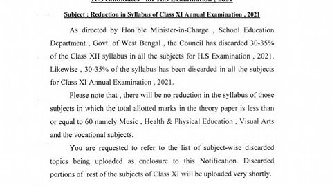 Class Xi Reduced syllabus 2021Exam.wbchse Discarded syllabus