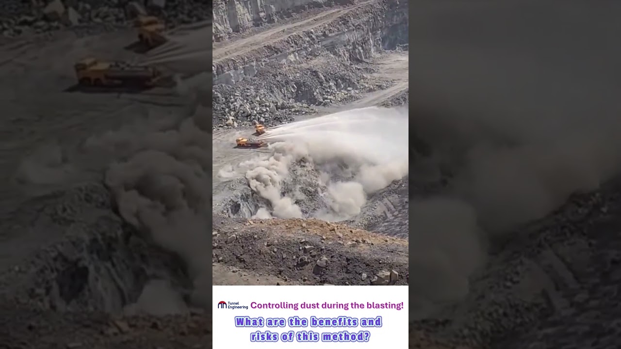 Spraying water to control dust during the blasting in a quarry.