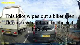 Idiot van driver jumps red light and wipes out biker
