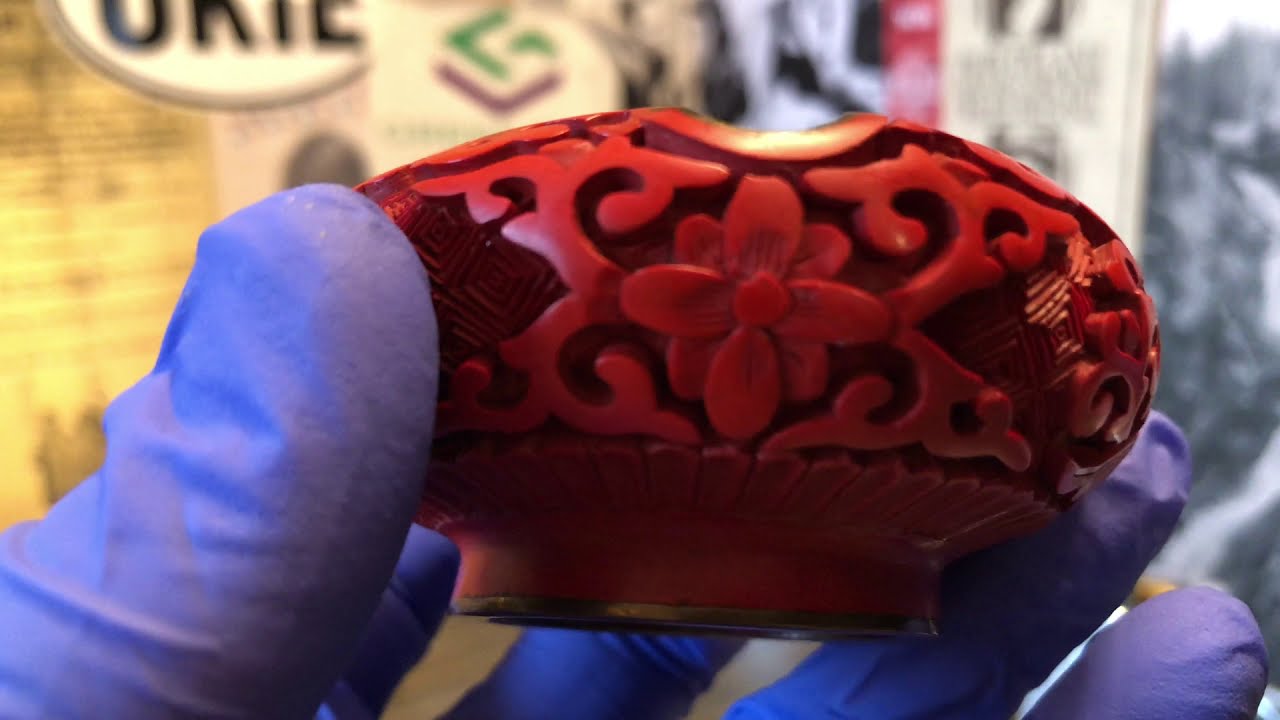 Cinnabar Chinese Carved Lacquer Ashtray Red Brick Blue Enamel