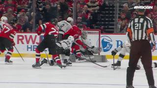 Brett Pesce scores a goal against the Los Angeles Kings
