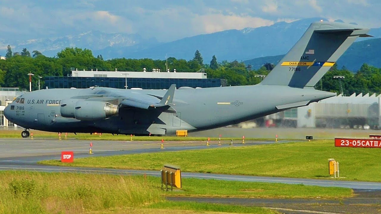 [FullHD] *RARE* US Air Force Boeing C-17 Globemaster takeoff at Geneva/GVA/LSGG