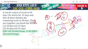 A can do a piece of work in 60 days. He works for 15 days andthen B alone finishes the