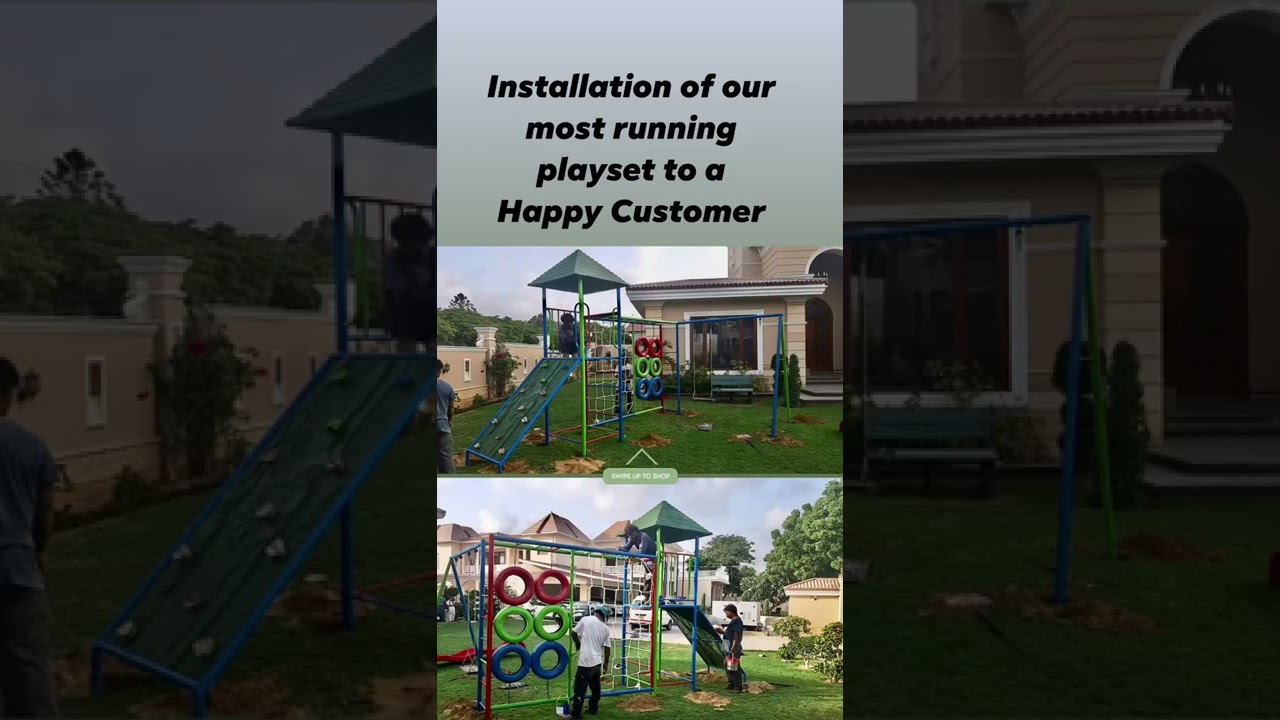 Kids outdoor play set swing slide installation | Blue Line Fiberglass Karachi Pakistan