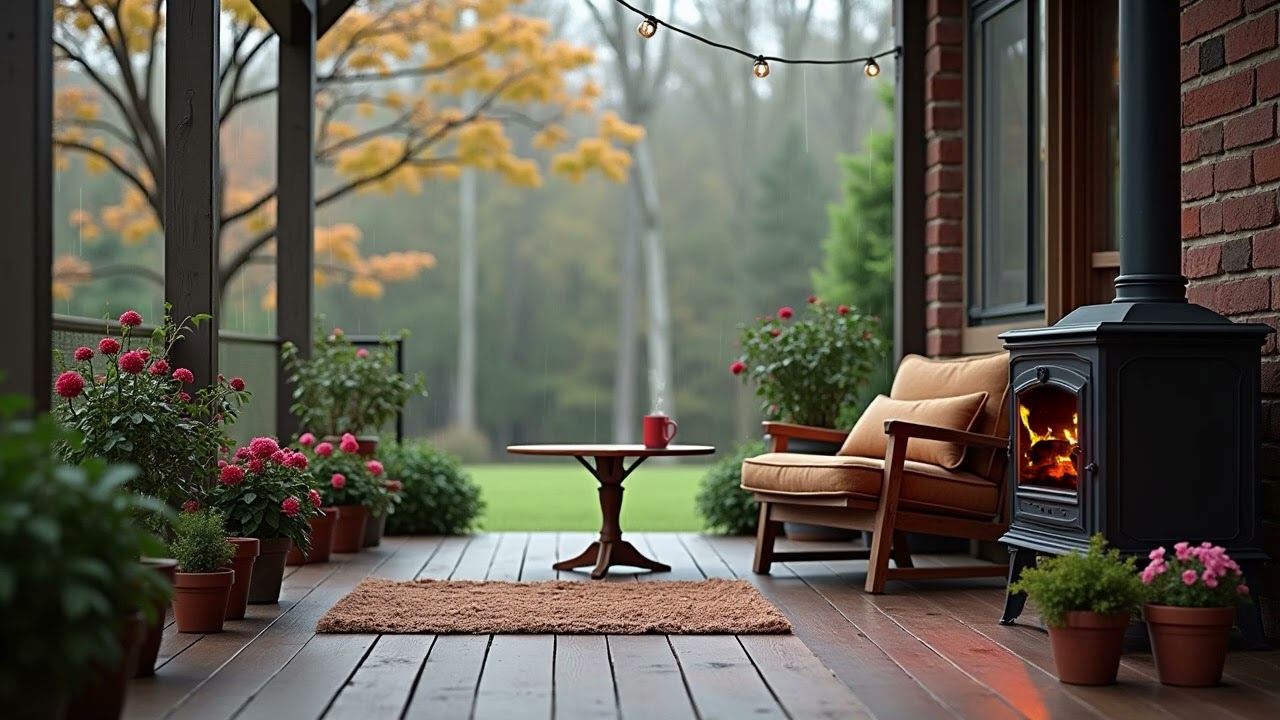 🌧️🌸Super Comfy Spring Porch | Rain, Fireplace, & Hot Drink Ambience | 2 Hours🔥☕