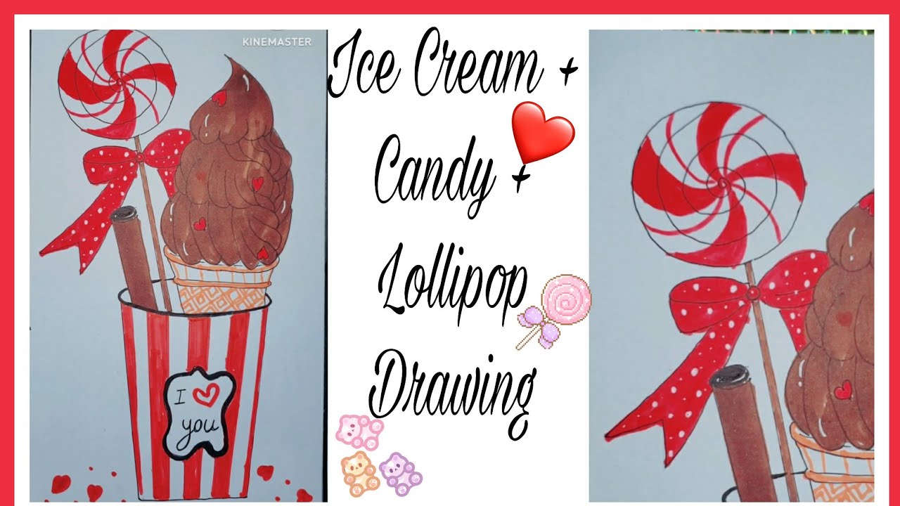 ice cream candy n lollipop drawing in popcorn bucket ❤🍿  Easy step by step