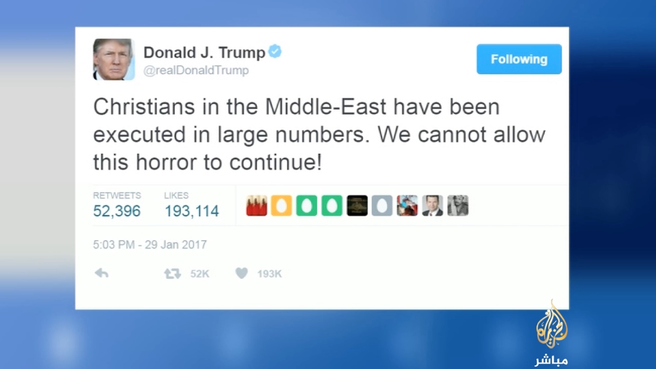 ترمب  يثير الجدل بتغريدته من أن المسيحيين بالشرق الأوسط يتم إعدامهم بأعداد كبيرة