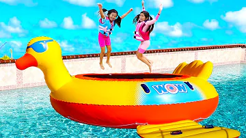 Jannie & Emma Pretend Play with Giant Inflatable Duck Swimming Pool Bouncer