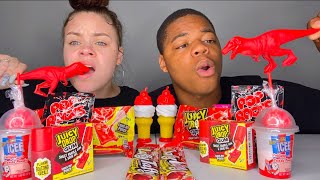 ASMR RED FOOD, CANDY SPRAY, JUICY DROP GUM, DIP-N-LIK, POP ROCKS CANDY MUKBANG | EATING SOUNDS