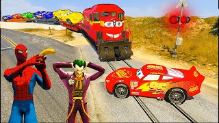Pixar Cars Lightning McQueen Colors Cars and Spiderman vs Joker Hijacks a car transporter Train