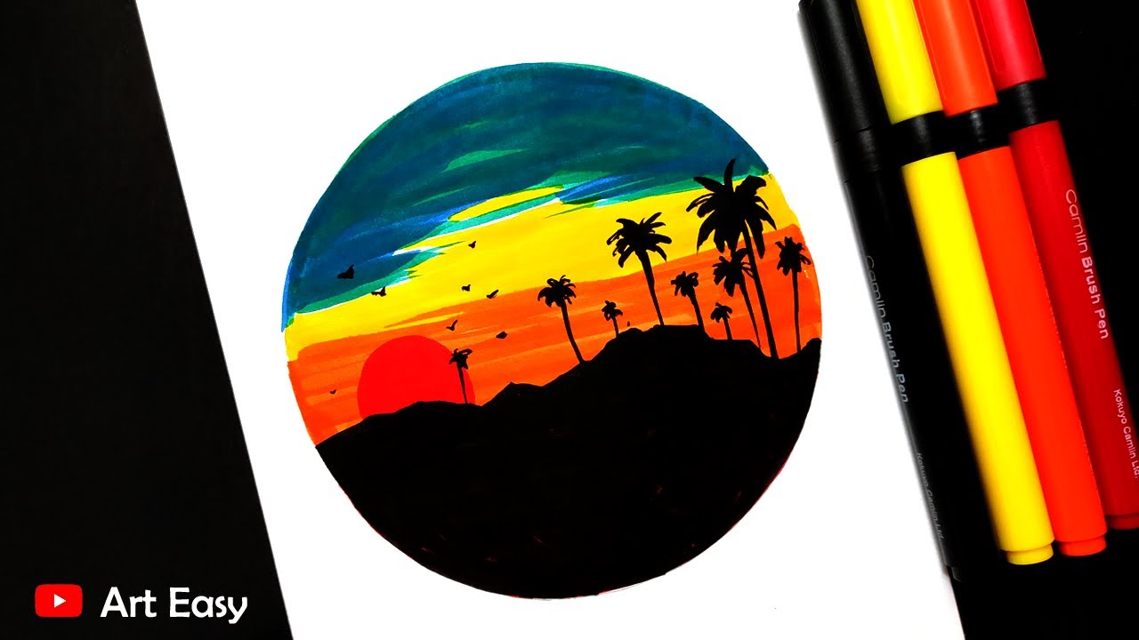 Beautiful sunset drawing with brush pen || Very easy - YouTube