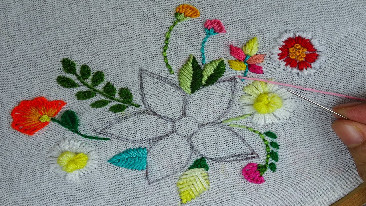 Colorful Cute Flowers Embroidery, Attractive Floral Pattern Hand Embroidery by Rose World
