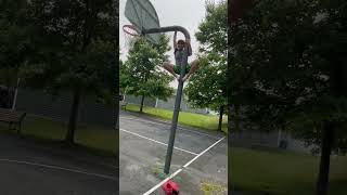 Climbing the basketball hoop