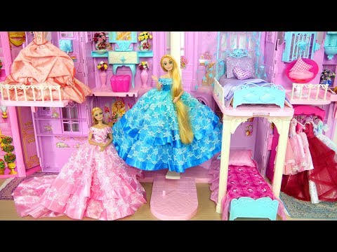 Prenses Barbie Rapunzel Pembe Mor Kale Bütün gün rutini! Sabahtan akşama kadar