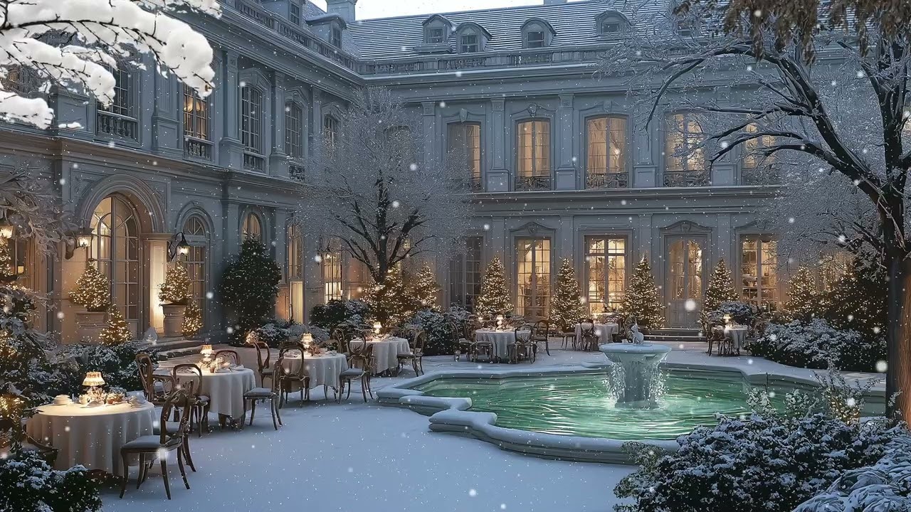 Peaceful Afternoon Night Jazz 🎄 Soft Snow & Warm Lights in an Elegant Winter Garden
