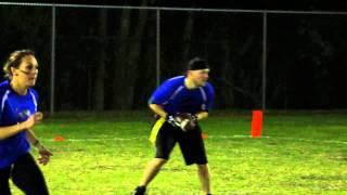 Flag Football 021015 BlackVsBlue Jeff throws pass to Sarah