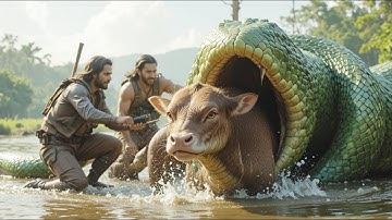 Brave Heroes Save Brown Cow from Giant Python Attack  | Real Jungle Rescue Mission #cow 