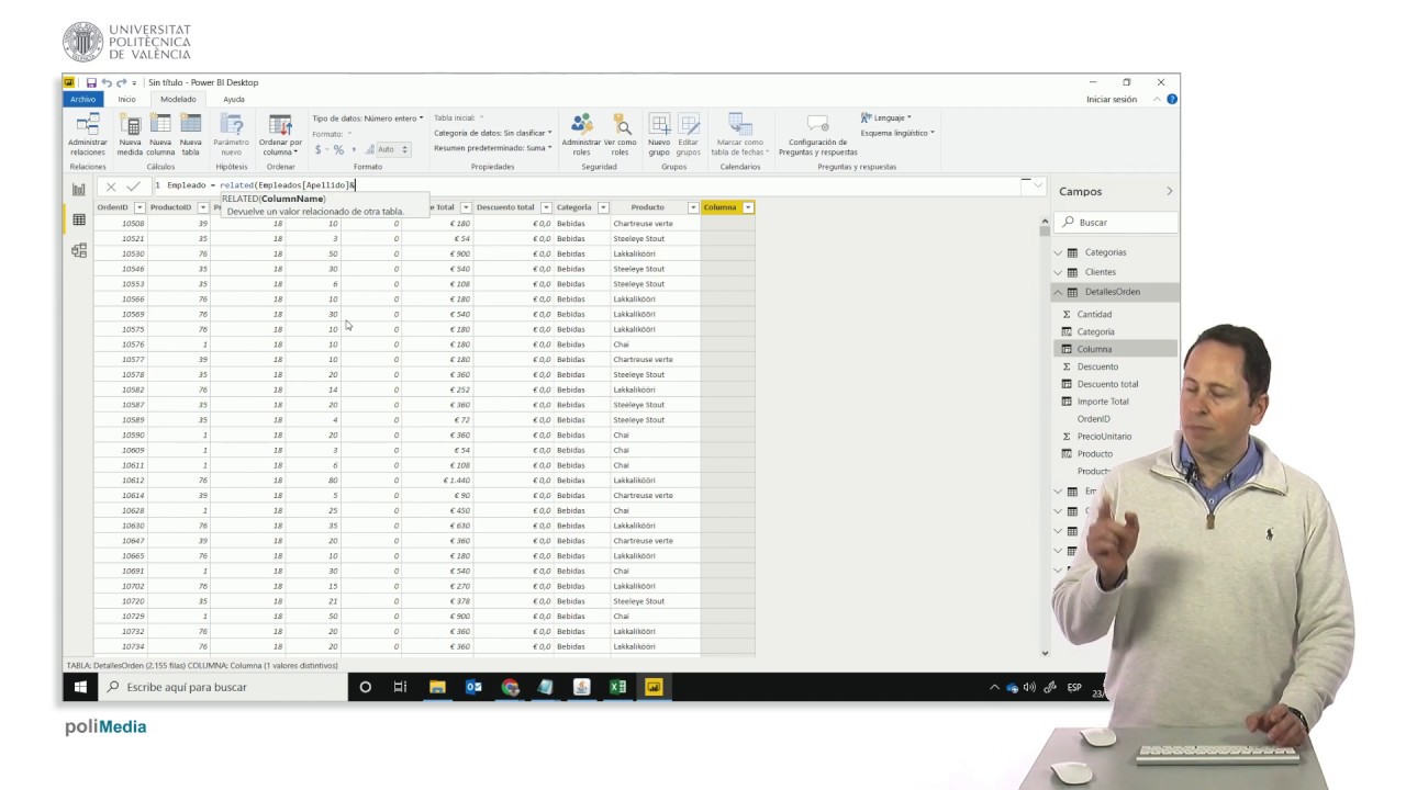 MOOC Power BI. Campos calculados en modelado con concatenar 42/136