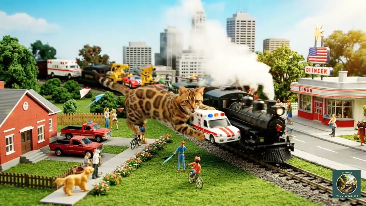 Bengal Cats Explore a Model Train Diorama of Everyday American Life