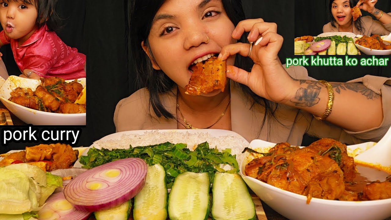Pork curry ra saag ani pork khutta ko spicy🥵achar #sushilamukbangvlog 