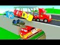 Railroad Cars Stories, Mack Transporter Truck train hit, McQueen Friends in Trouble, Police Chase