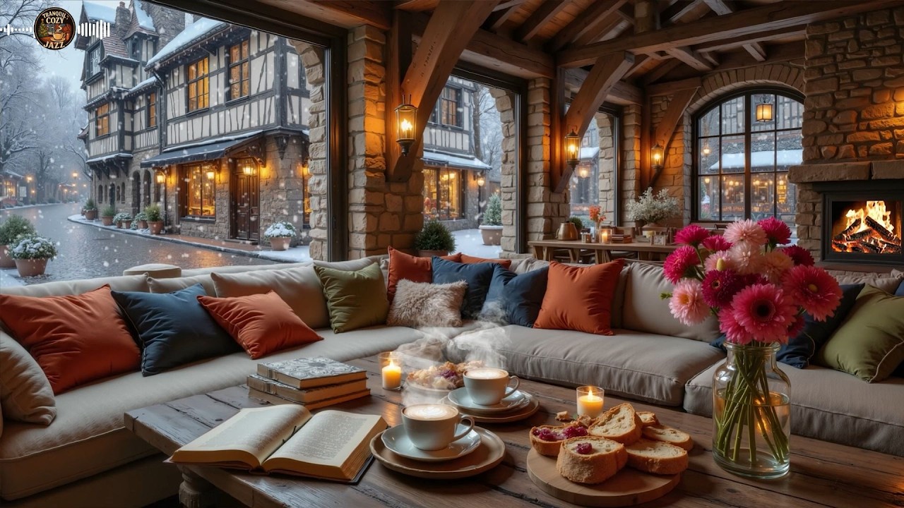 Расслабляющая зимняя джазовая фортепианная музыка ☕ Снежное кафе, теплый камин для спокойствия