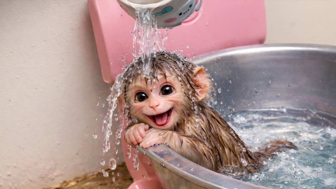 Happy baby monkey in bath basin