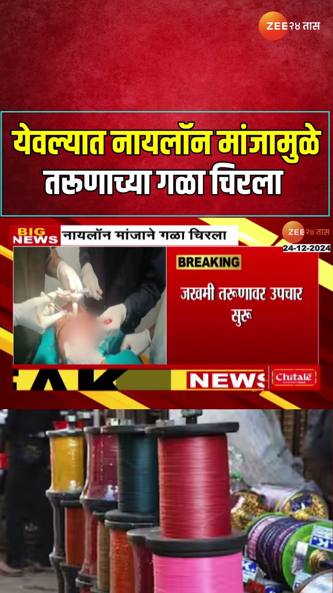 Yeola Nashik | येवल्यात नायलॉन मांजामुळे तरूणाच्या गळा चिरला, मांजामुळे तरूणाच्या गळ्याला 40 टाके